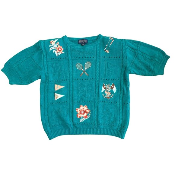 Vintage Herman Geist Knit Pullover Sweater Small Floral Tennis Short Sleeve 90s - Picture 1 of 5